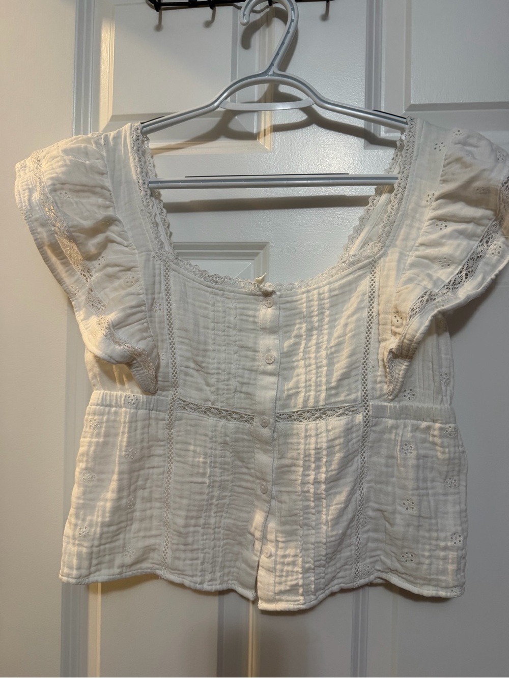 aerie Cream Lace-Trim Button Front Peplum Top